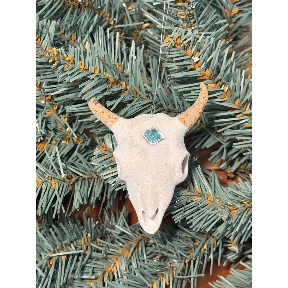 Vintage Santa Fe Steer Skull Ornament White Turquoise Southwestern Rustic